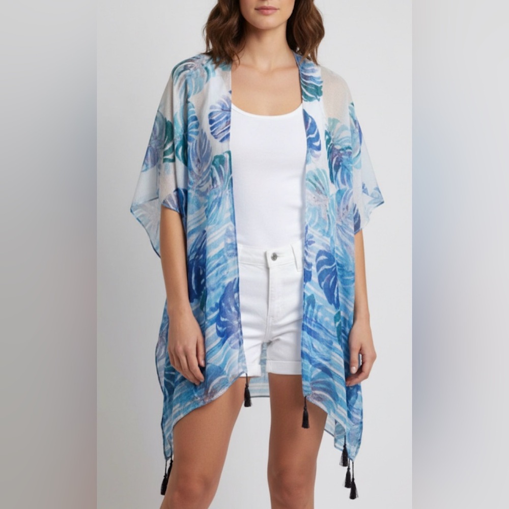 Camdor‎ Blue and White Leaf Print Kimono Cover Up Beachy Summer Cruise Travel